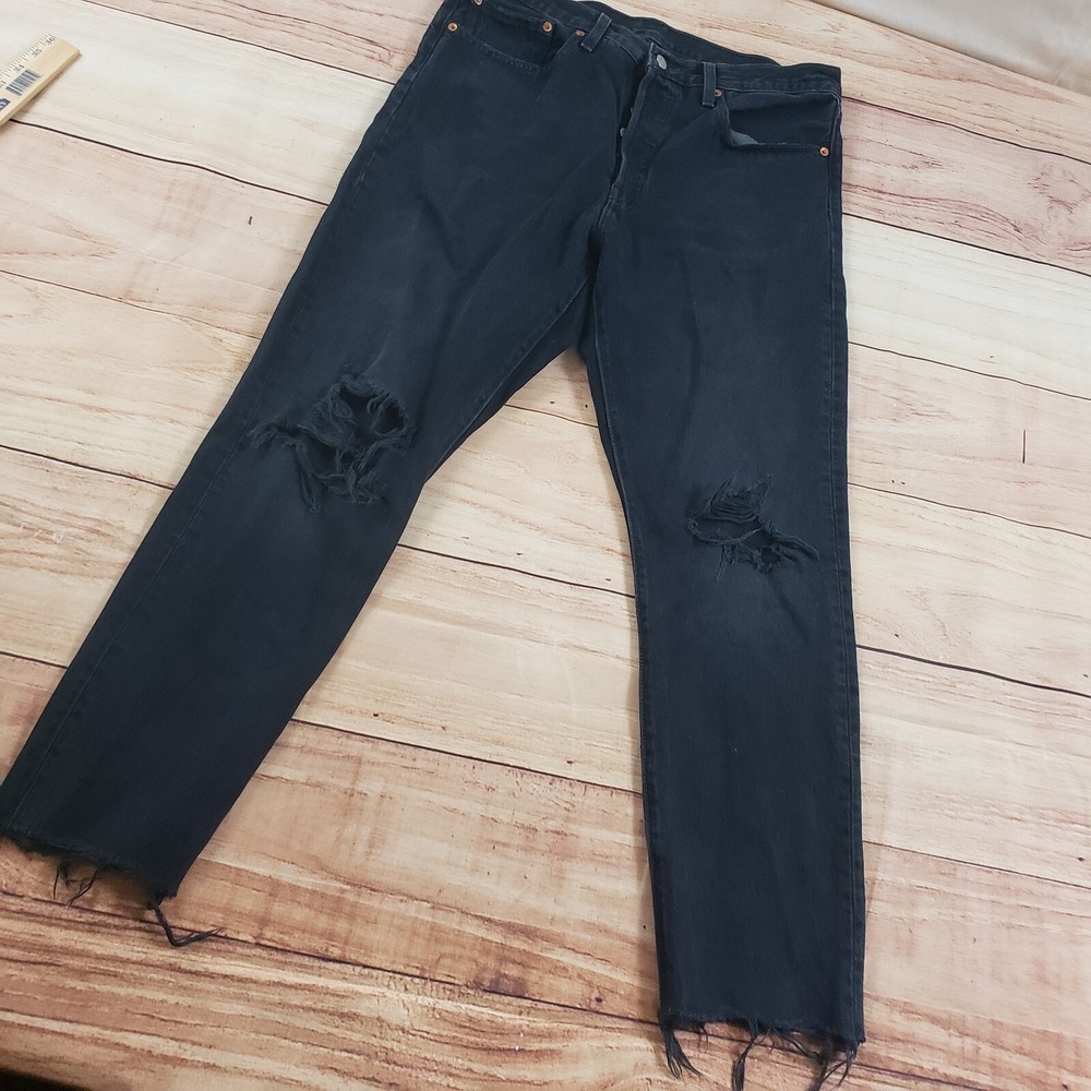 Levis 501 S Jeans Women 32x28 Black Skinny Premium‎ High Rise Denim Diestressed - Picture 2 of 13